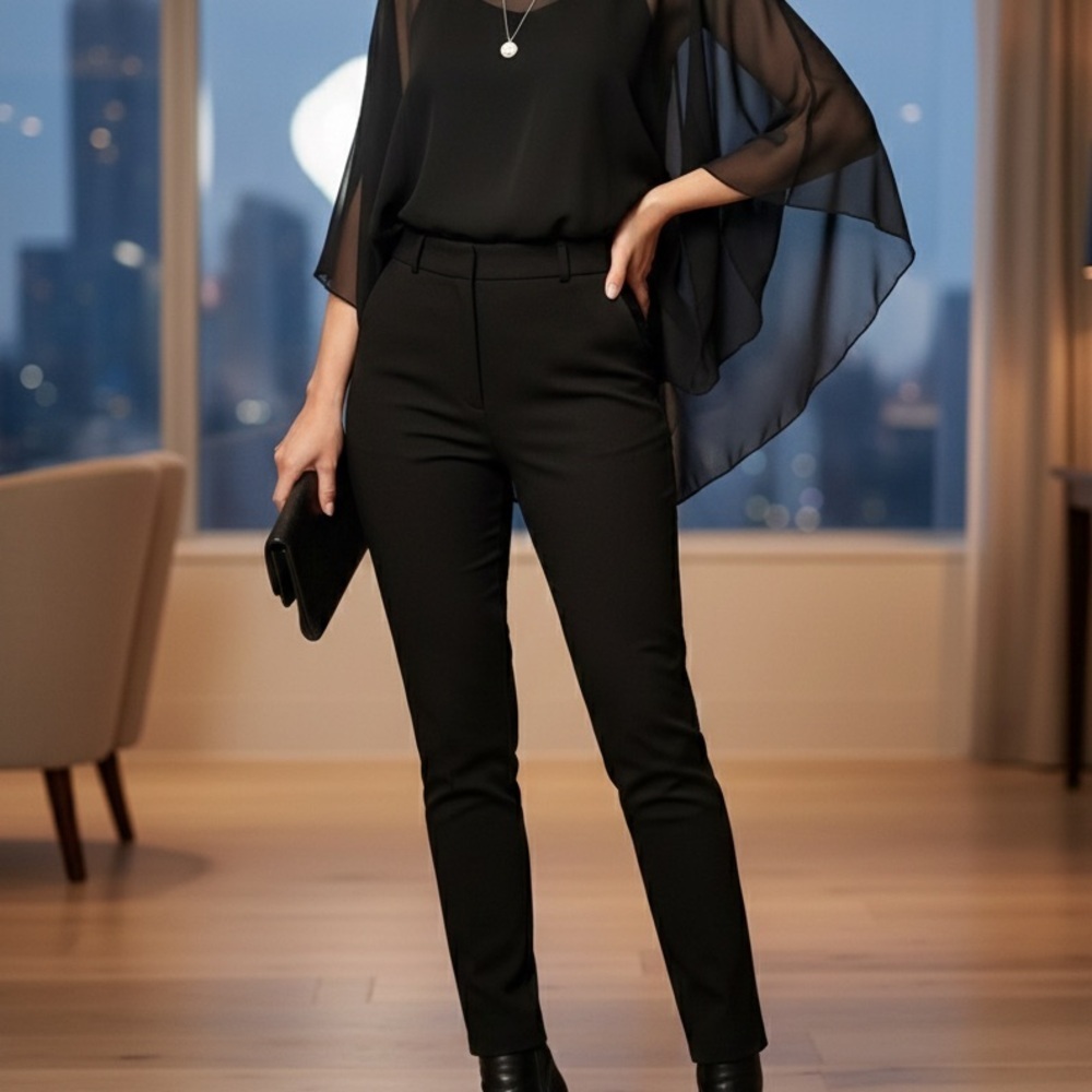 Behave Chic black blouse with sheer sleeves and sheer overlay size large